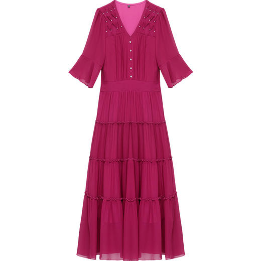 修身时尚，夏款长款褶皱拼接雪纺大摆裙V领短袖气质连衣裙QYM-CR-DQ23870-L 商品图4