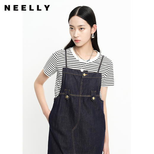 NEELLY纳俪商场同款夏季背带裙女牛仔前开叉A字裙条纹T恤两件套潮N23053Z01187 商品图1