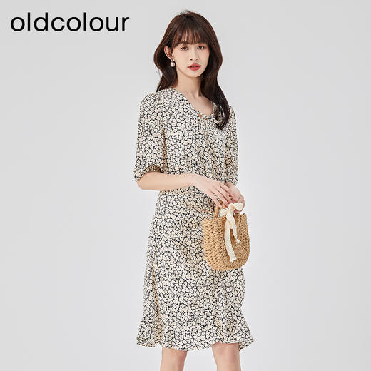 oldcolour2023夏季新款法式气质V领高腰显瘦碎花连衣裙O24102206 商品图3