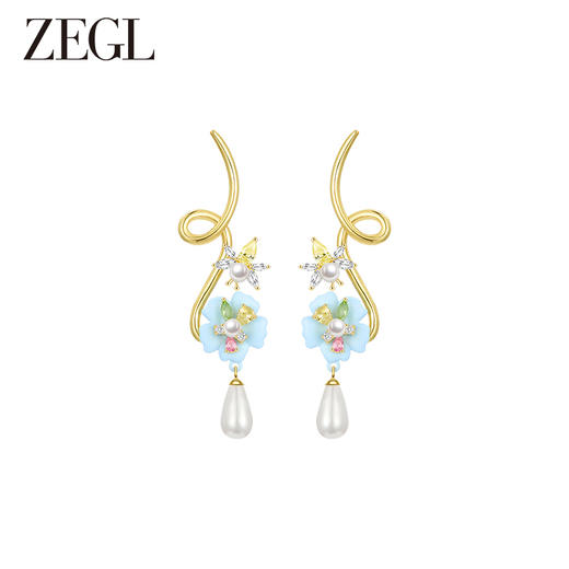ZEGL设计师秘密花园系列长款人造珍珠耳环女小众花朵耳钉银针耳饰 商品图0