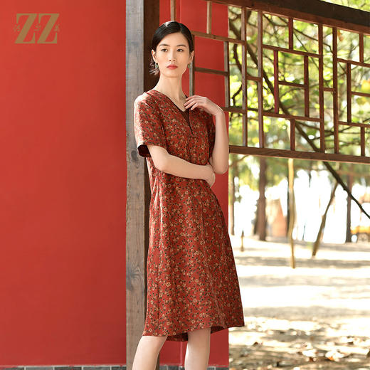 佐尔美夏新款 国风V领100%桑蚕丝香云纱花罗连衣裙女E32LS61 商品图1