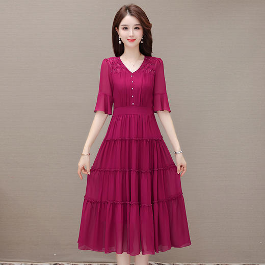 修身时尚，夏款长款褶皱拼接雪纺大摆裙V领短袖气质连衣裙QYM-CR-DQ23870-L 商品图0