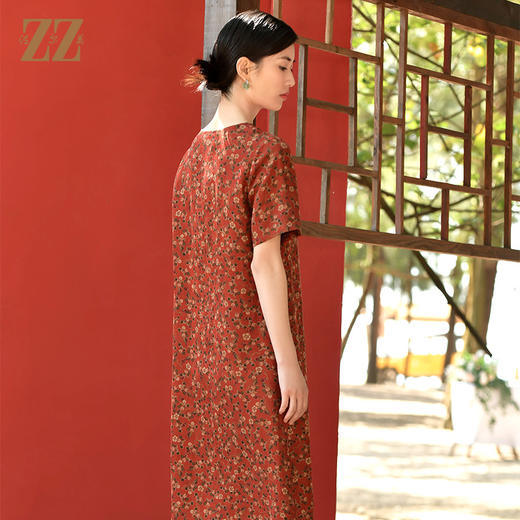 佐尔美夏新款 国风V领100%桑蚕丝香云纱花罗连衣裙女E32LS61 商品图4