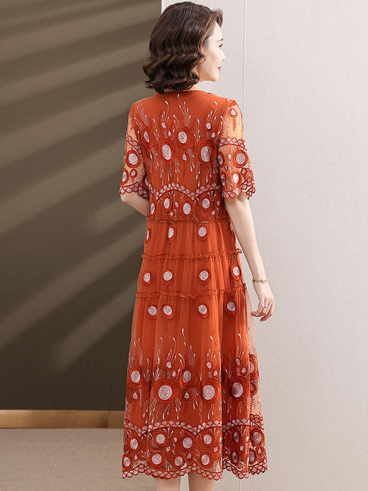 中年妈妈绣花蕾丝连衣裙女2023新款夏季中老年洋气过膝裙子50大码QX-W24 商品图3