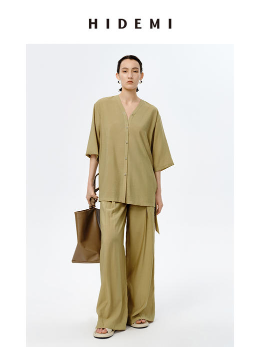 HIDEMI极简v领廓形可拆卸腰带设计感套装 上衣/阔腿裤 商品图1