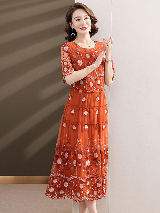中年妈妈绣花蕾丝连衣裙女2023新款夏季中老年洋气过膝裙子50大码QX-W24 商品图1