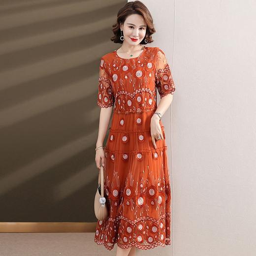 中年妈妈绣花蕾丝连衣裙女2023新款夏季中老年洋气过膝裙子50大码QX-W24 商品图0