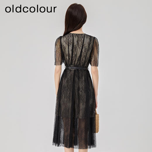 oldcolour夏季新款V领复古气质蕾丝收腰显瘦A字连衣裙O25101249 商品图4