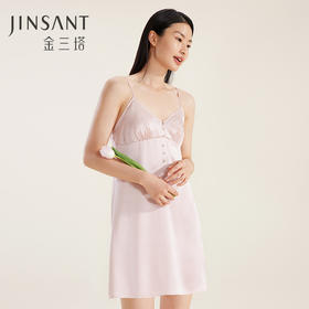 金三塔100%桑蚕丝优雅珍珠扣家居服丝滑凉感真丝素色吊带裙睡衣女  YSFDC301