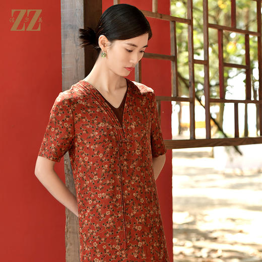 佐尔美夏新款 国风V领100%桑蚕丝香云纱花罗连衣裙女E32LS61 商品图2