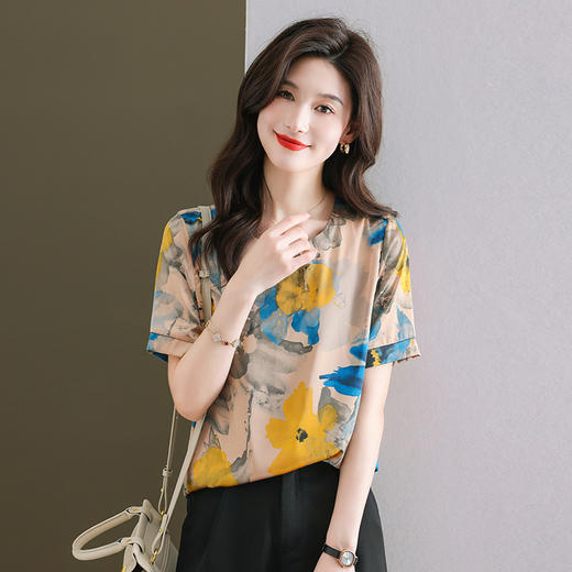 夏季新款，印花雪纺t恤女短袖休闲雪纺衬衣设计感小众女士上衣CC-38-615 商品图0