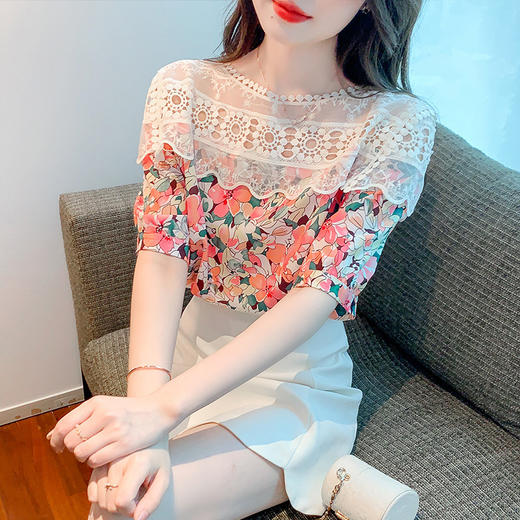 新款甜美印花雪纺甜美淑女镂空蕾丝衫K-157T6033 商品图0
