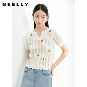 NEELLY纳俪商场同款夏季趣味菠萝刺绣针织衫女短袖镂空套头衫上衣N23053A01167