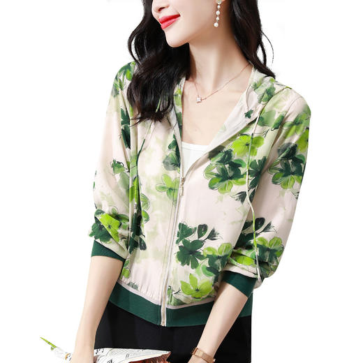 春夏小清新印花仿真丝短外套，女连帽宽松休闲开衫卫衣KQL-B43N8332 商品图4