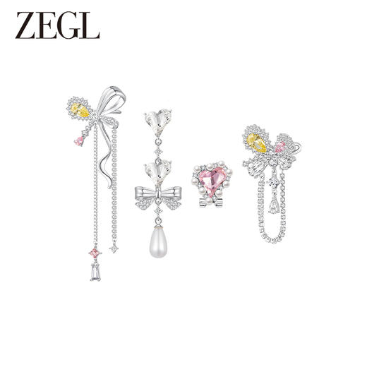 ZEGL设计师璀璨甜心耳妆盘蝴蝶结流苏耳夹粉色耳骨夹耳环银针耳饰 商品图0