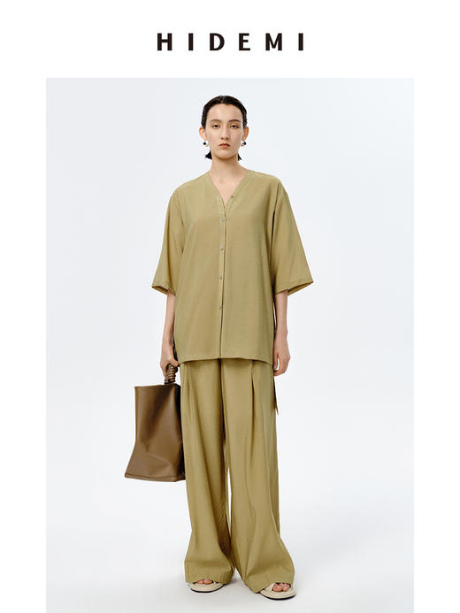 HIDEMI极简v领廓形可拆卸腰带设计感套装 上衣/阔腿裤 商品图2