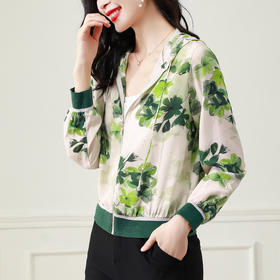 春夏小清新印花仿真丝短外套，女连帽宽松休闲开衫卫衣KQL-B43N8332