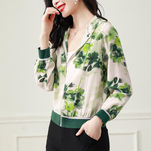 春夏小清新印花仿真丝短外套，女连帽宽松休闲开衫卫衣KQL-B43N8332 商品图0