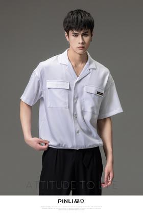 PINLI品立夏季新款男士古巴领短袖衬衫宽松纯色休闲衬衣上衣B232113060