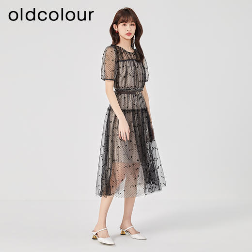 oldcolour2023夏季新款复古气质泡泡袖收腰网纱连衣裙女O24104371 商品图3