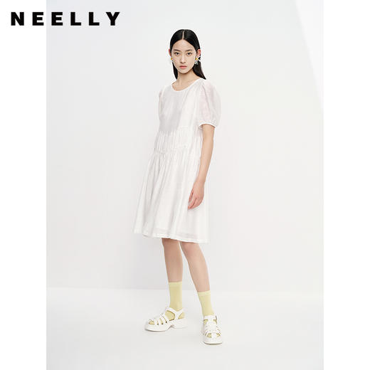 NEELLY纳俪商场同款夏季白色圆领连衣裙女中长款宽松天丝娃娃裙N23053Y01177 商品图0