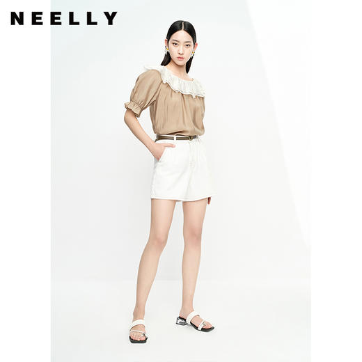 NEELLY纳俪商场同款撞色拼接荷叶边衬衫女薄款天丝上衣甜美小衫N23053R01171 商品图2