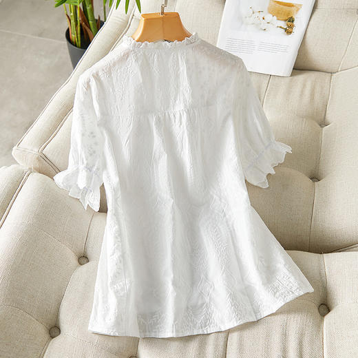 蕾丝花边领衬衫短袖夏季新款绣花彩扣宽松别致上衣MJ-3162 商品图1