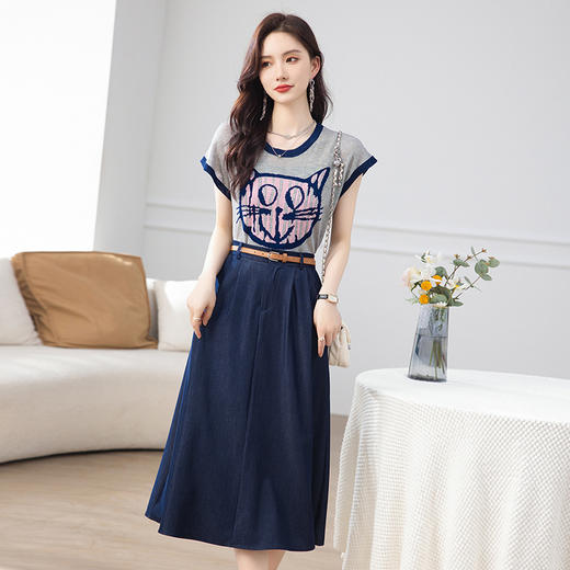 夏季新款，时尚休闲气质优雅宽松猫头针织上衣加半身裙套装HR-WA83079 商品图1