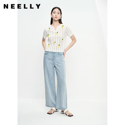 NEELLY纳俪商场同款夏季趣味菠萝刺绣针织衫女短袖镂空套头衫上衣N23053A01167 商品图1