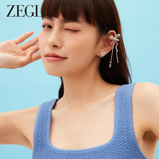 ZEGL设计师璀璨甜心耳妆盘蝴蝶结流苏耳夹粉色耳骨夹耳环银针耳饰 商品图2