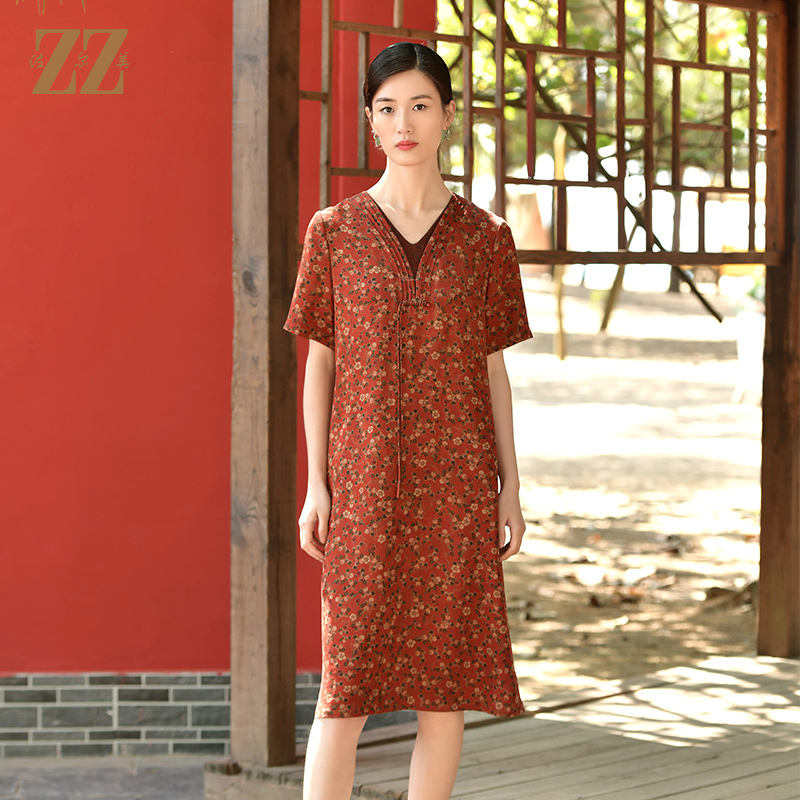 佐尔美夏新款 国风V领100%桑蚕丝香云纱花罗连衣裙女E32LS61