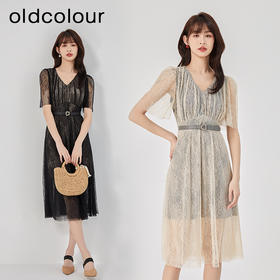 oldcolour夏季新款V领复古气质蕾丝收腰显瘦A字连衣裙O25101249
