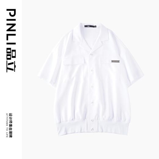 PINLI品立夏季新款男士古巴领短袖衬衫宽松纯色休闲衬衣上衣B232113060 商品图5