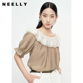 NEELLY纳俪商场同款撞色拼接荷叶边衬衫女薄款天丝上衣甜美小衫N23053R01171