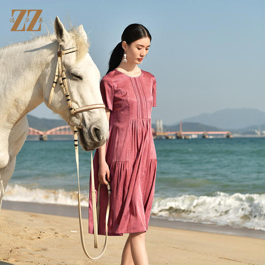 佐尔美夏季新款 时尚休闲桑蚕丝真丝圆领短袖连衣裙女E32LS62 商品图3