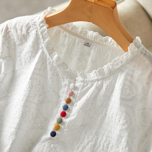 蕾丝花边领衬衫短袖夏季新款绣花彩扣宽松别致上衣MJ-3162 商品图2