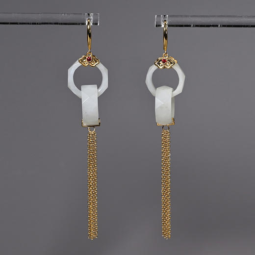 清代和田白玉双连环流苏耳环 商品图0