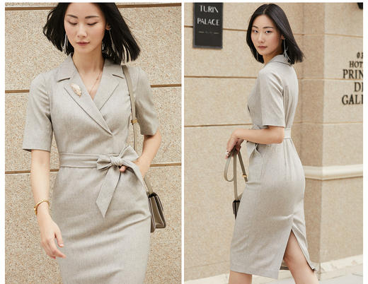 “燕麦奶咖”J7481672T2X5颈袖添香春季气质女神范收腰西装裙职场装连衣裙女西服裙 商品图3