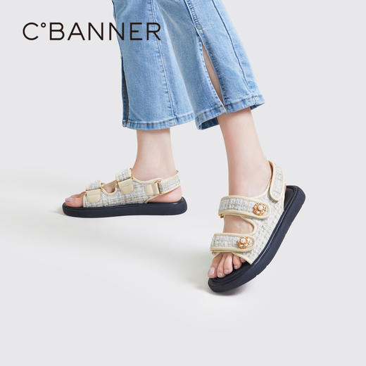 千百度女鞋夏季休闲凉鞋魔术贴厚底平底时尚沙滩海边凉鞋A23375111 商品图0