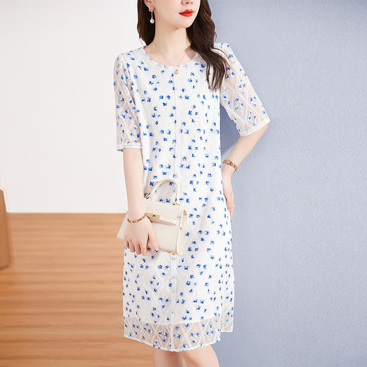QS-82397033小个子夏装真丝连衣裙2023新款时尚碎花刺绣圆领短袖桑蚕丝裙 商品图0