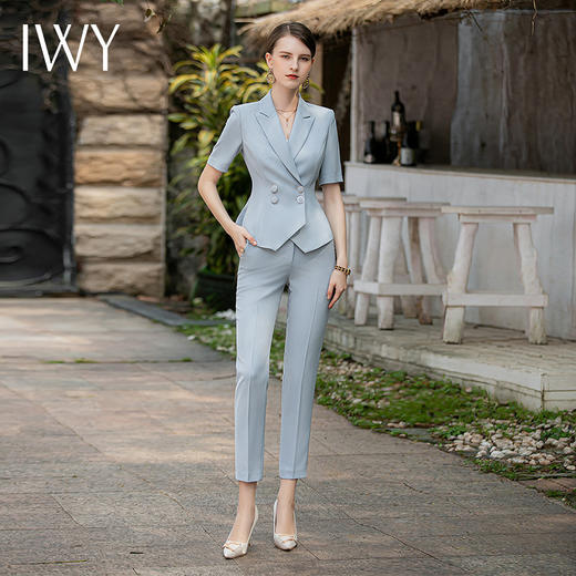 IWY/夏季短袖西装套装女修身薄款高端气质蓝色职场正装办公室OLCP1825 商品图3