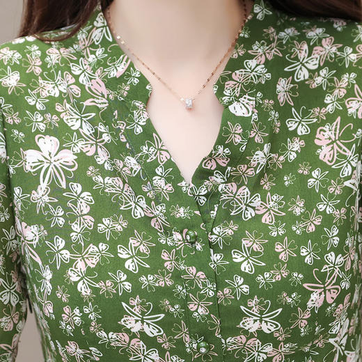 DD-时尚绿色印花连衣裙2023年新款女装系带收腰裙中长款短袖A字裙 商品图3