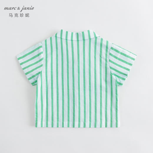 马克珍妮夏装新款 男童绿色条纹透气棉麻短袖衬衫230900 商品图2