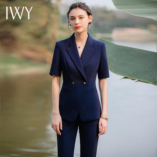 IWY/藏青色短袖职业西装套装女夏季薄款气质上班时尚休闲高端工作服女CPS1798 商品图1