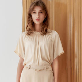 【桑蚕丝上衣】23年春夏新品女士真丝上衣时尚薄款抽褶薄款短袖上衣