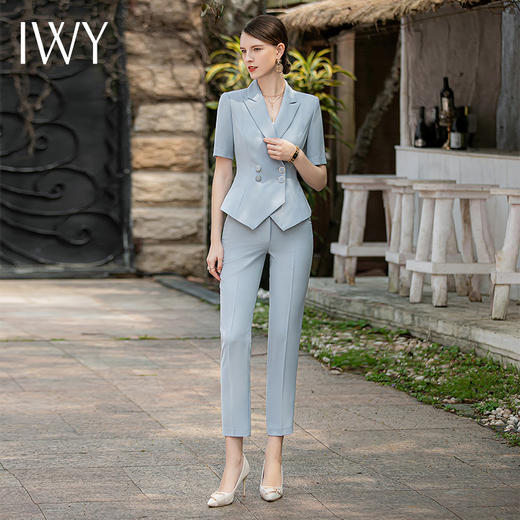 IWY/夏季短袖西装套装女修身薄款高端气质蓝色职场正装办公室OLCP1825 商品图1