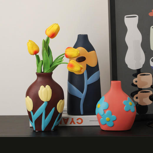 【家居饰品】-复古风创意彩绘陶瓷花瓶摆件（不含花） 商品图1