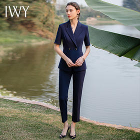 IWY/藏青色短袖职业西装套装女夏季薄款气质上班时尚休闲高端工作服女CPS1798