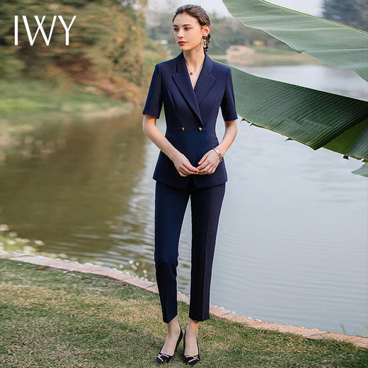 IWY/藏青色短袖职业西装套装女夏季薄款气质上班时尚休闲高端工作服女CPS1798 商品图0