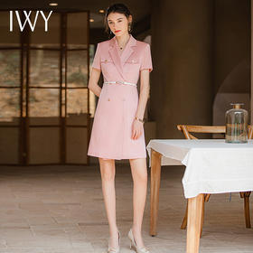IWY/夏季新款粉色职业西装连衣裙女名媛气质腰带修身办公室OL正装Q905